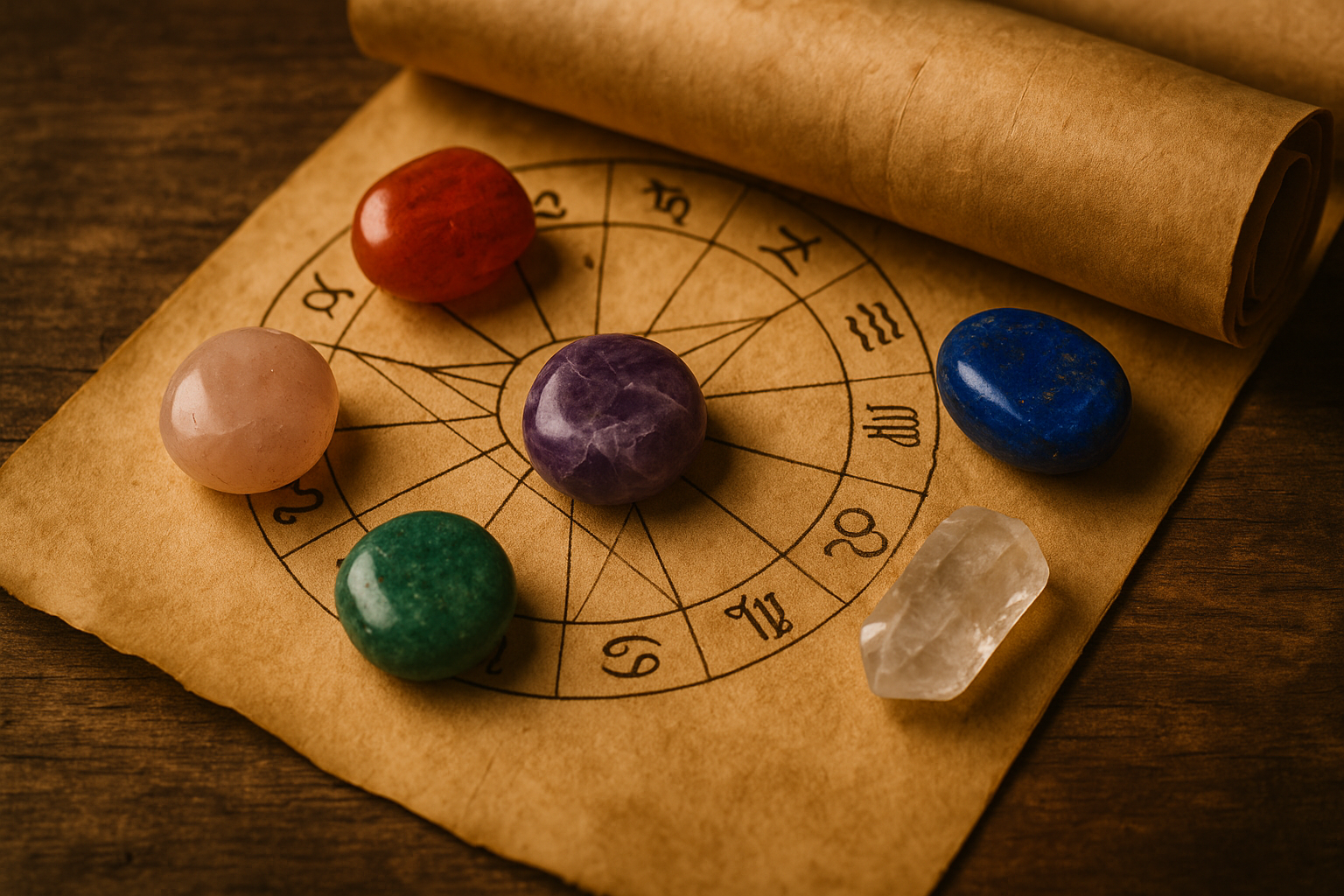 Ancient scrolls and gemstones